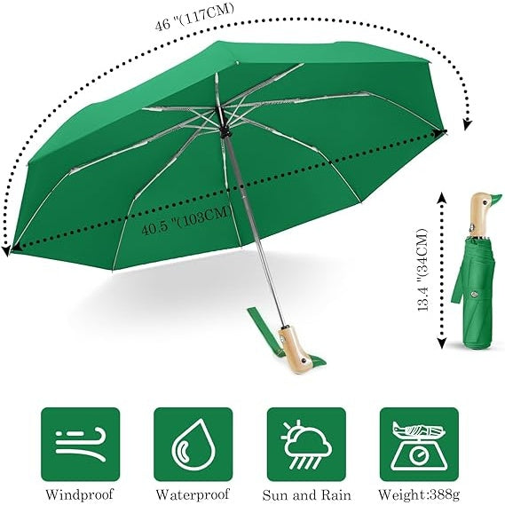 Green Duck Compact Automatic Umbrella with Wooden Handle