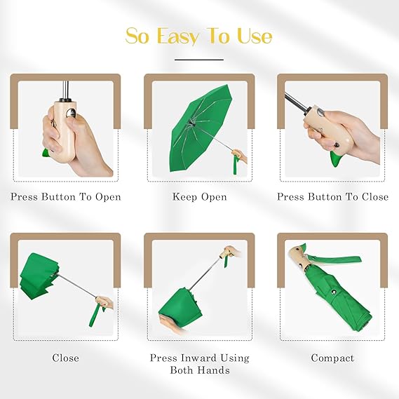 Green Duck Compact Automatic Umbrella with Wooden Handle